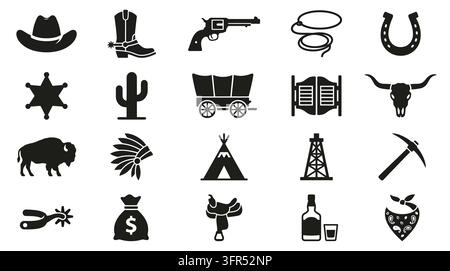 Wild west icons set with cowboy hat boot revolver cactus and buffalo Stock Vector