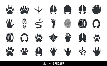Animal footprints and wildlife tracks glyph vector icons collection Stock Vector