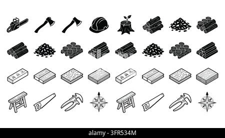 Logging and lumber industry icons set in professional isometric style Stock Vector