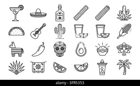 Assorted mexican culture and travel symbols in clean line art style Stock Vector