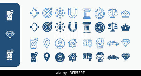 Collection of strategic management and professional development icons in blue Stock Vector