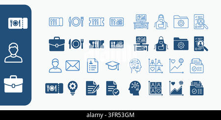 Set of business and office management flat icons in blue and white with strategy Stock Vector