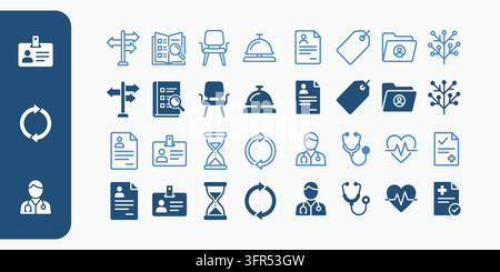 Healthcare services and hospital administration icons in blue and white Stock Vector