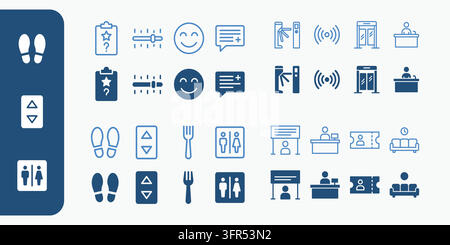 Set of office and public facility navigation icons in blue line style Stock Vector