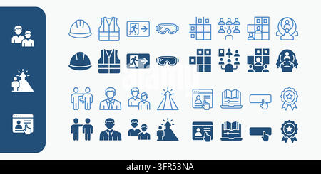 Construction safety and corporate management icons set with hard hat Stock Vector