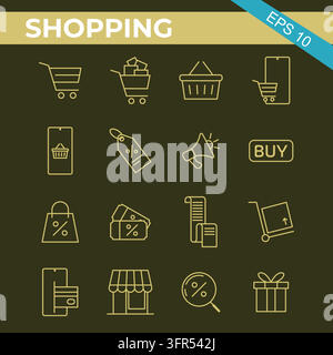 Set of thin line shopping and e commerce icons on dark background with art Stock Vector