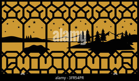 Stained glass window frame showing a scenic mountain lake landscape at night Stock Vector