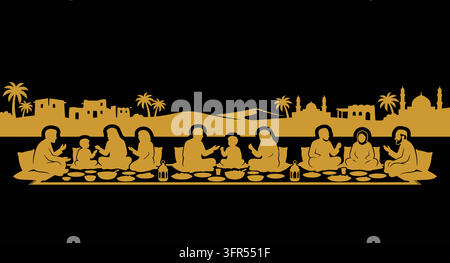 People praying before iftar meal at long dining table in village with community Stock Vector