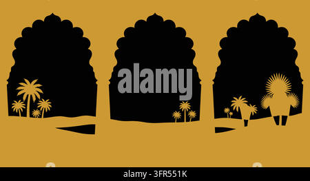 Three decorative arched window frames with palm trees and oriental landscape Stock Vector