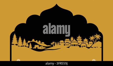 Traditional architecture silhouette framing a scenic village with trees Stock Vector