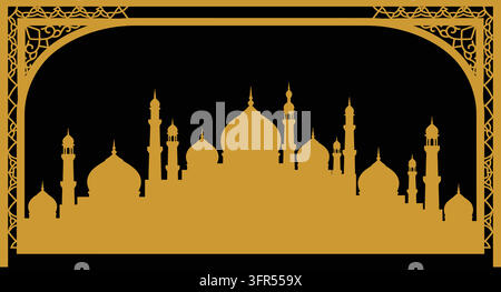 Grand mosque architecture framed by an ornate archway design with islamic Stock Vector