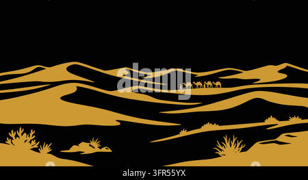 Golden sand dunes landscape under a dark night sky with desert Stock Vector