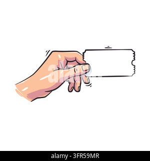 Colorful hand-drawn vector illustration of a human hand holding a blank perforated ticket stub or discount voucher. Ideal for e-commerce promotions, e Stock Vector