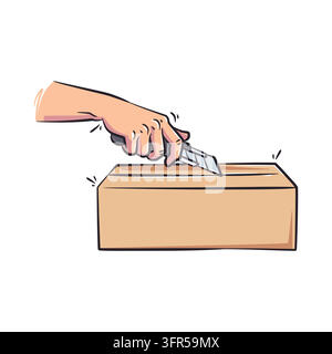 Colorful hand-drawn vector illustration of a human hand using a utility cutter knife to open a sealed cardboard parcel box. Ideal for unboxing videos, Stock Vector