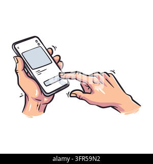 Colorful hand-drawn vector illustration of human hands holding a smartphone and tapping the order or checkout button on an e-commerce product mockup p Stock Vector