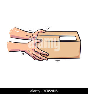 Colorful hand-drawn vector illustration of human hands holding a cardboard parcel box with a shipping label. Ideal for courier delivery, e-commerce or Stock Vector