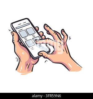 Colorful hand-drawn vector illustration of human hands holding a smartphone and scrolling through product grids on a digital marketplace store app. Id Stock Vector