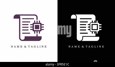 Digital document icon featuring a microchip processor on paper scroll Stock Vector