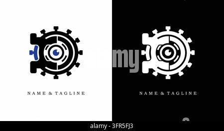 Mechanical gear logo design featuring a central human eye surveillance concept Stock Vector