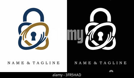 Padlock logo design with orbiting digital rings for secure information Stock Vector