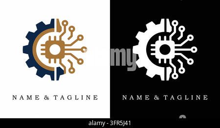 Industrial technology logo featuring a gear and circuit board microchip Stock Vector
