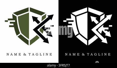 Digital shield emblem with pixelated arrows representing network defense Stock Vector