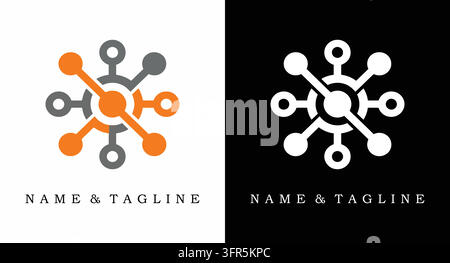 Abstract circular network node logo design on white and black background Stock Vector