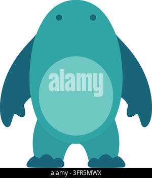 Flat illustration of a teal rounded fantasy creature with dark blue flipper shaped arms a pale turquoise belly and small dark eyes Stock Vector