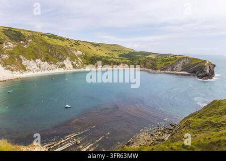 Aerial view of the beautiful horseshoe shaped Lulworth Cove on the Jurassic Coast in Dorset, England, United Kingdom Stock Photo