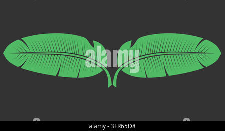 Pair of green palm leaves pointing outward on dark background with tropical Stock Vector