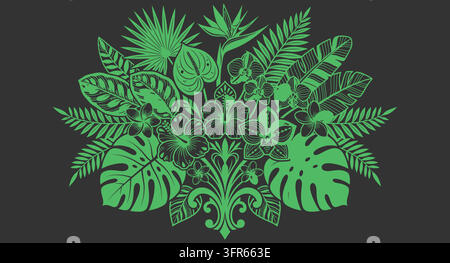 Green tropical leaves arrangement on dark background with palm monstera Stock Vector