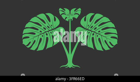 Triple tropical monstera leaf plant arrangement on dark background Stock Vector