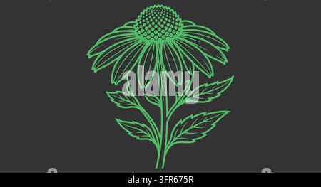 Detailed green floral illustration featuring a single blossomed plant Stock Vector