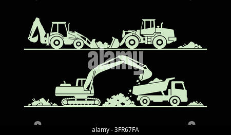 Excavator and tractor construction machinery collection in bright green line art Stock Vector