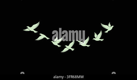 Flock of green birds flying in formation with dark background Stock Vector