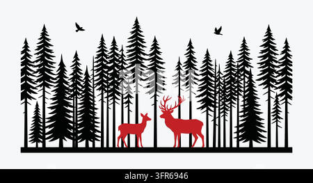 Forest landscape with deer family among pine trees and flying birds Stock Vector
