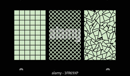 Geometric grid and mosaic pattern textures set on black background with seamless Stock Vector