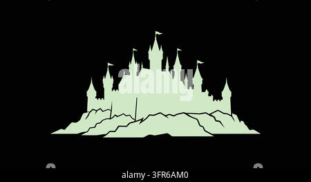Majestic fairytale castle glowing on hills under dark sky with green Stock Vector