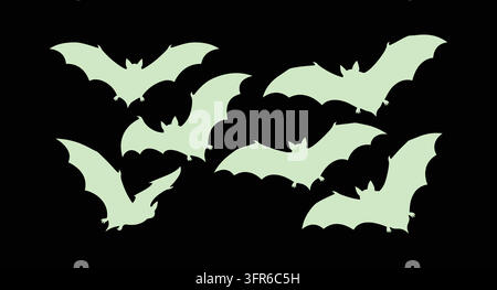 Set of glowing bat flying stickers on black backdrop with mammal Stock Vector