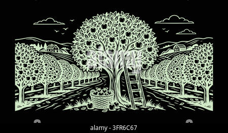 Apple orchard with rows of fruit trees and a ladder tree rural landscape Stock Vector