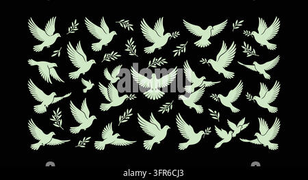 Seamless pattern of flying doves carrying olive branches against dark background Stock Vector