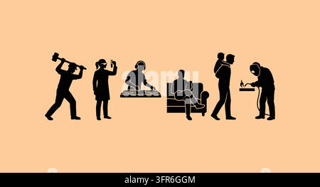 Black silhouette figures engaged in different daily activities and hobbies Stock Vector