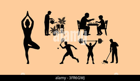 Black silhouettes of people engaged in various hobbies and fitness activities Stock Vector