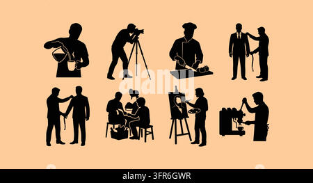 Set of human worker and profession silhouettes in various occupations Stock Vector