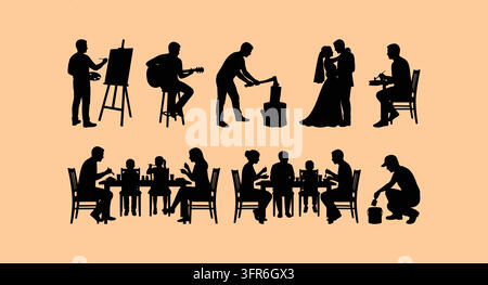 Black silhouettes of people engaged in creative arts and dining together Stock Vector