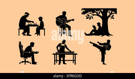 Collection of black silhouettes representing people in leisure and work Stock Vector