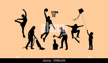 Black silhouettes of people engaged in various hobbies and daily activities Stock Vector