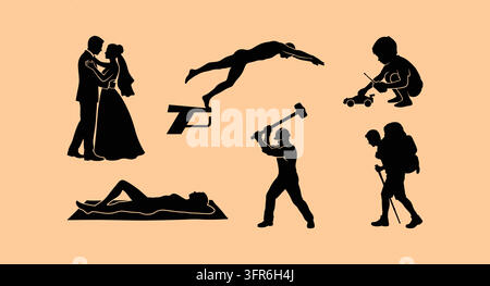 Various black silhouette characters engaged in marriage sports travel Stock Vector