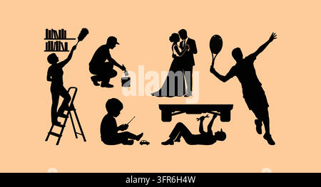 Black silhouettes of people engaged in various hobbies and daily activities Stock Vector