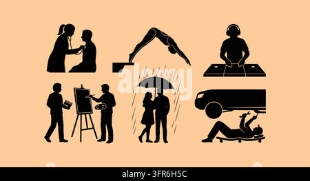 Selection of black silhouette figures engaged in healthcare arts and music Stock Vector